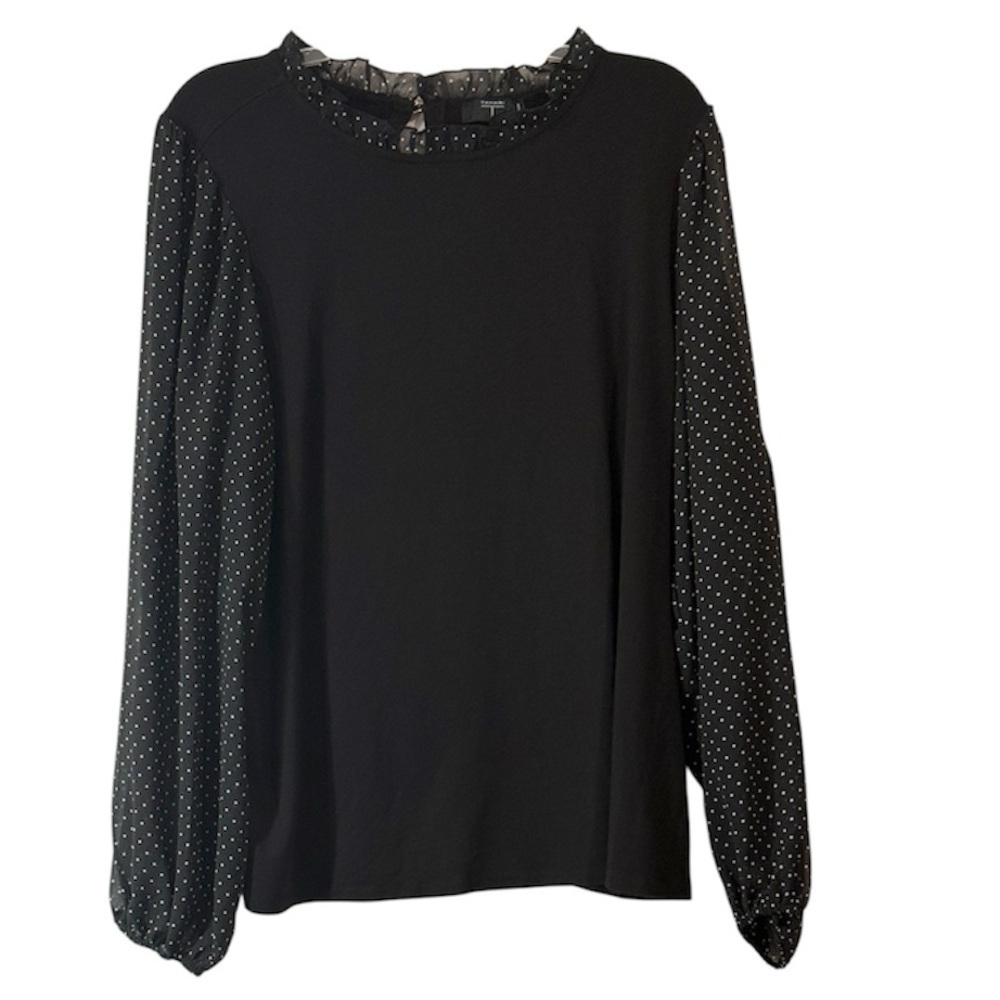 Tahari Women Top Polka Dot Sheer Sleeves Polka Sheer Ruffle Neck Black Size 1X